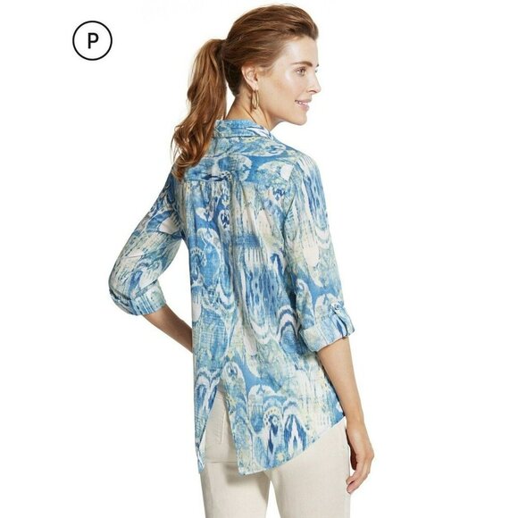 Chico's Blue White Button Down Blouse lightweight Cotton Top Size 0 Small - Picture 8 of 13